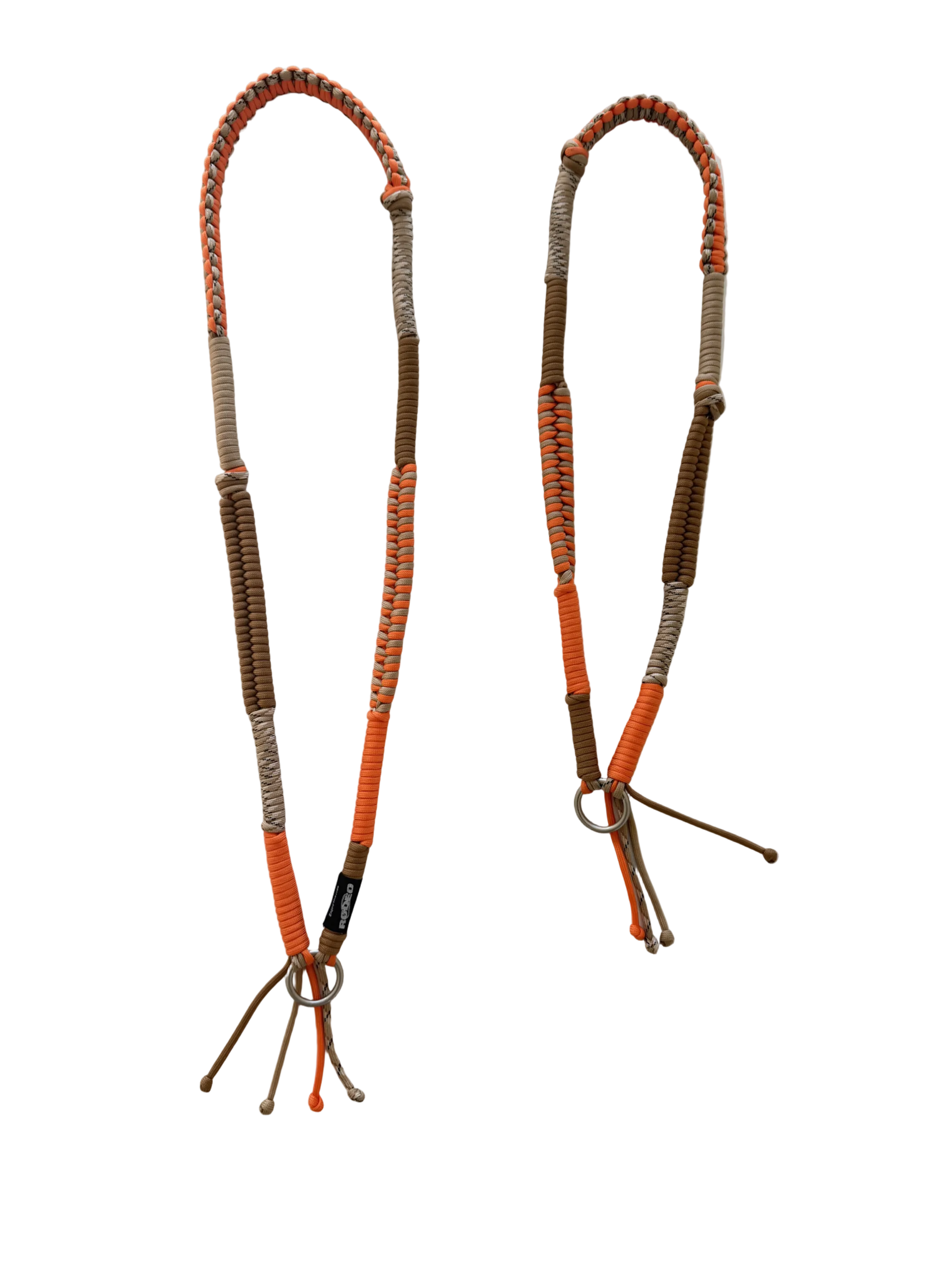 Two brown and orange beaded lanyards on a white background