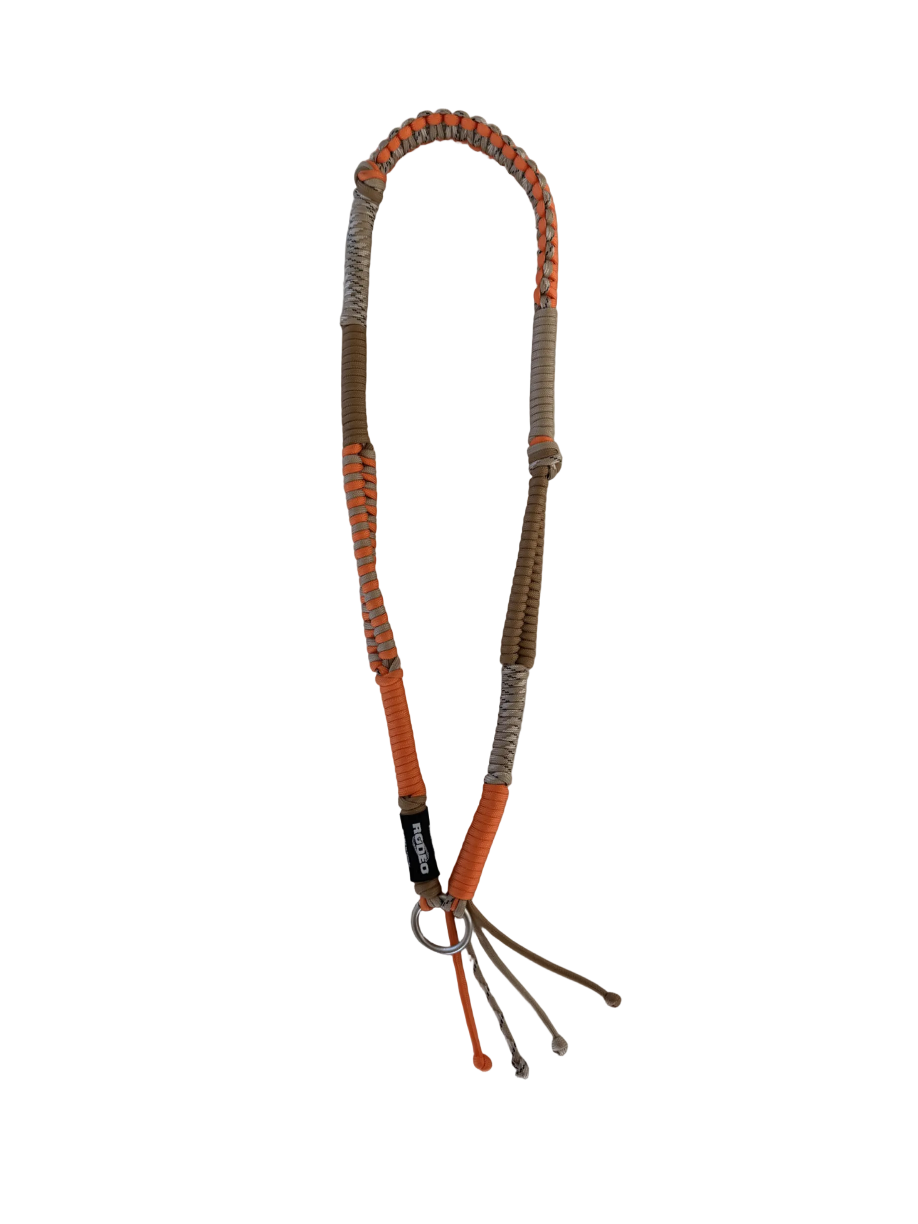 Orange and brown dog leash on a tiled floor