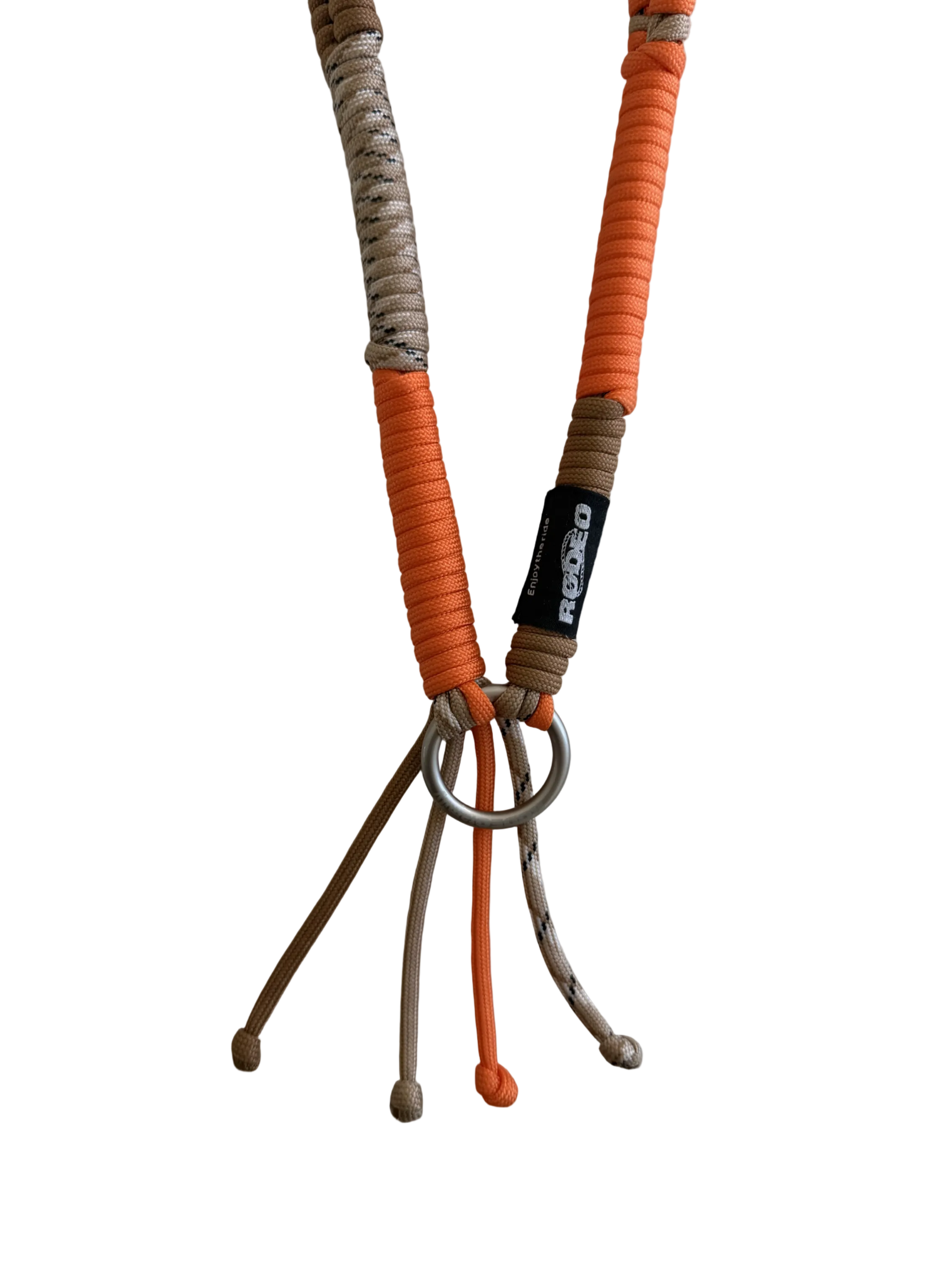 Keychain with orange and brown cord on a white background