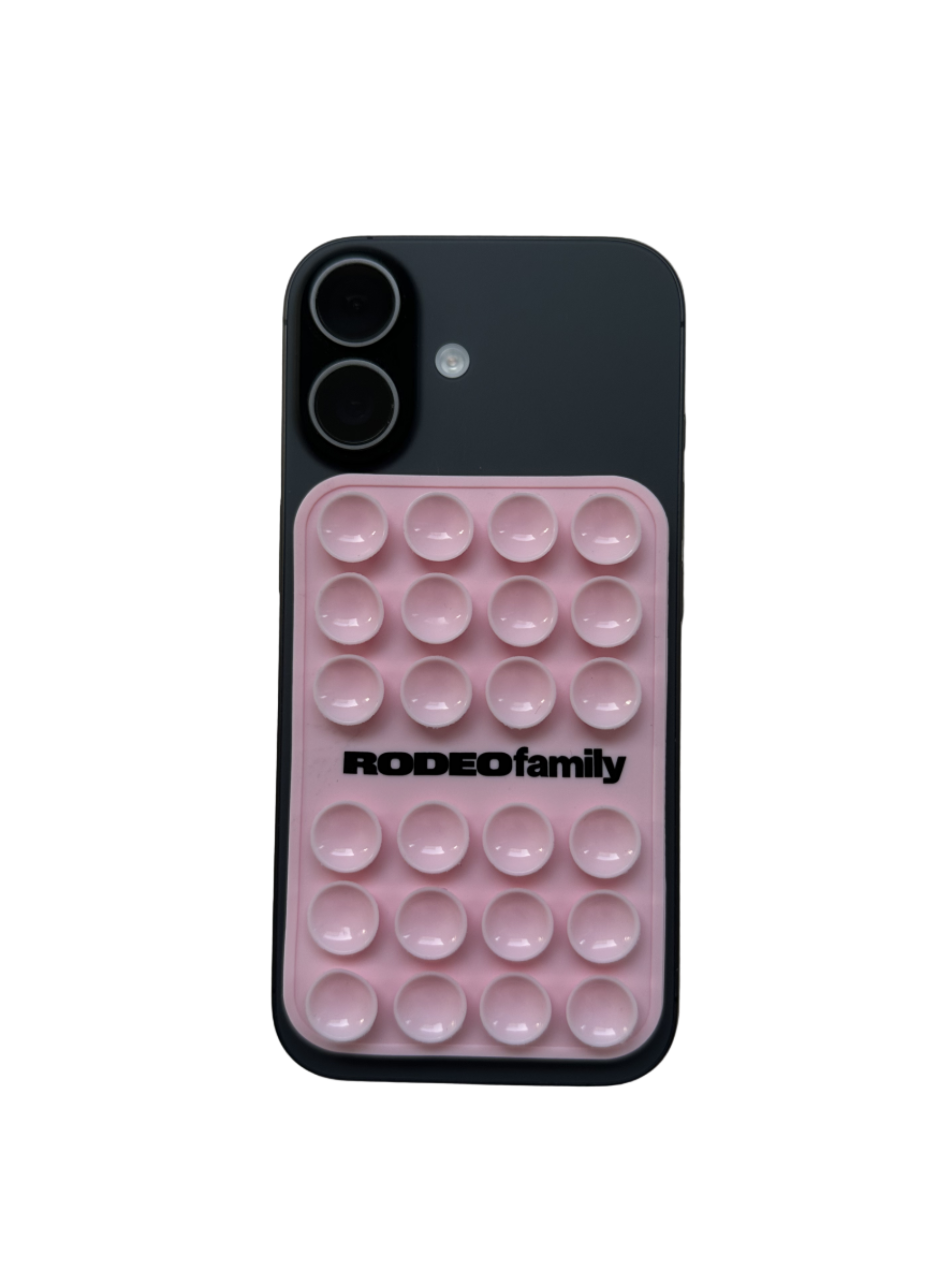 Phone case with bubble design and 'Rodeo Family' branding on a light gray surface