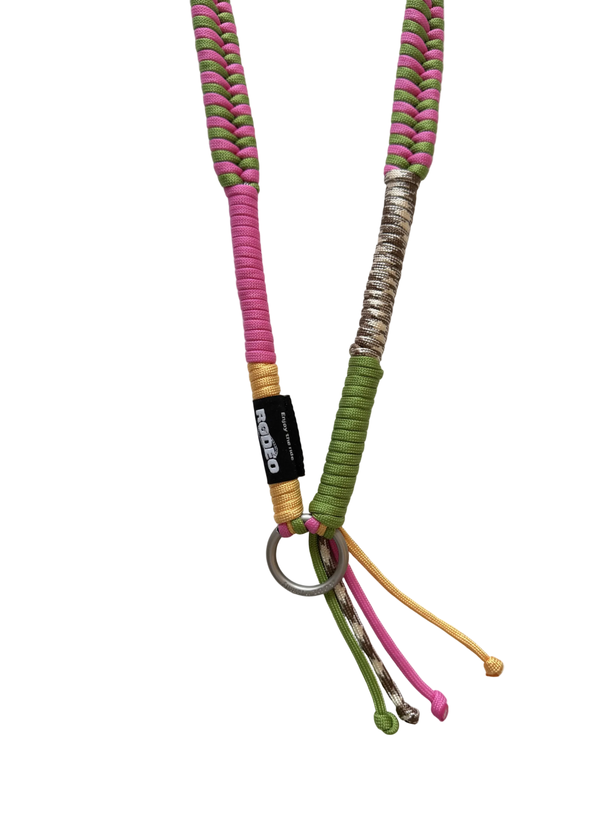 A handmade braided leather strap or lanyard featuring pink and green braided sections, a silver metal ring, a gold accent, and a black brand tag reading 'feetoo'.