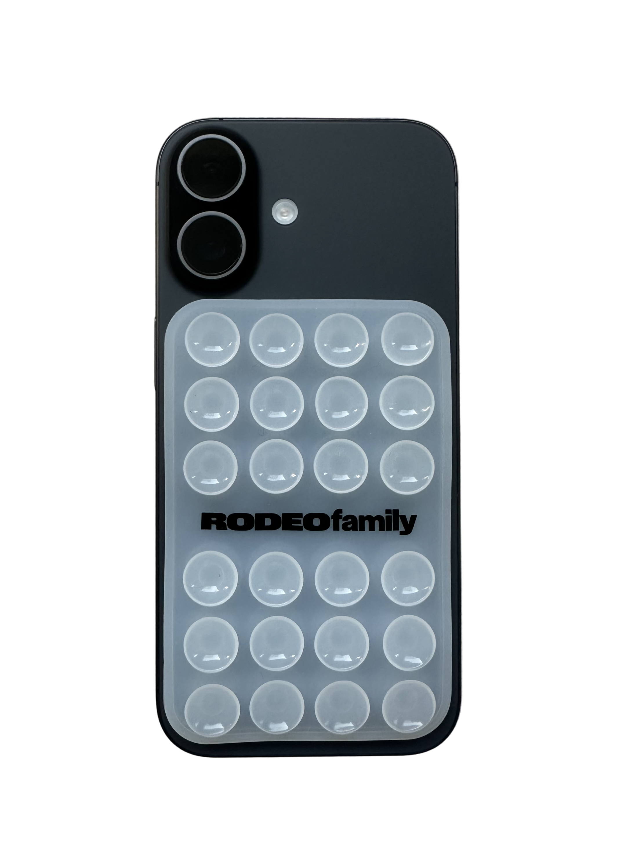 Phone case with 'RODEO family' text on a light gray background