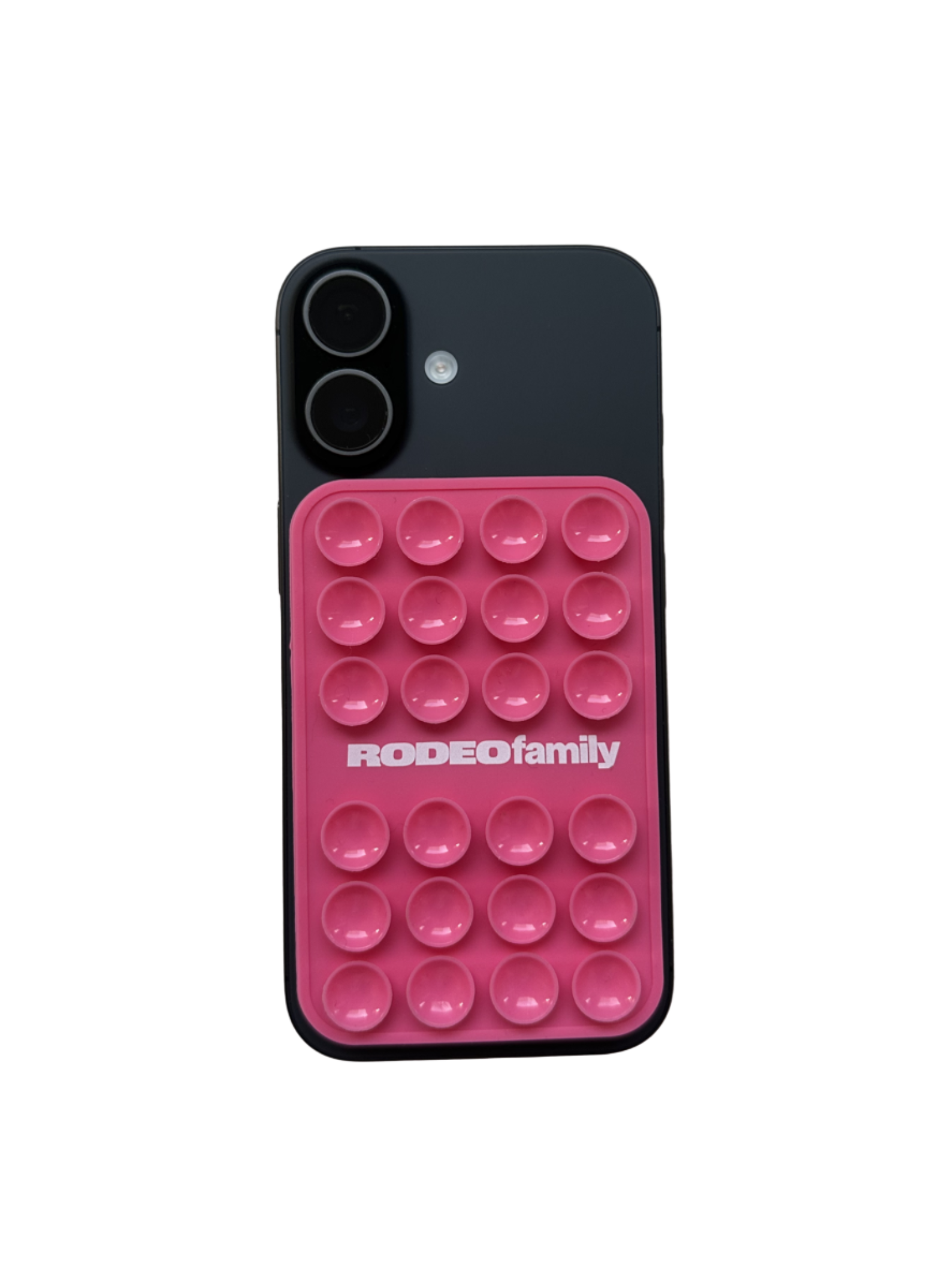 Phone case with pink bubble design and black back on a light gray surface