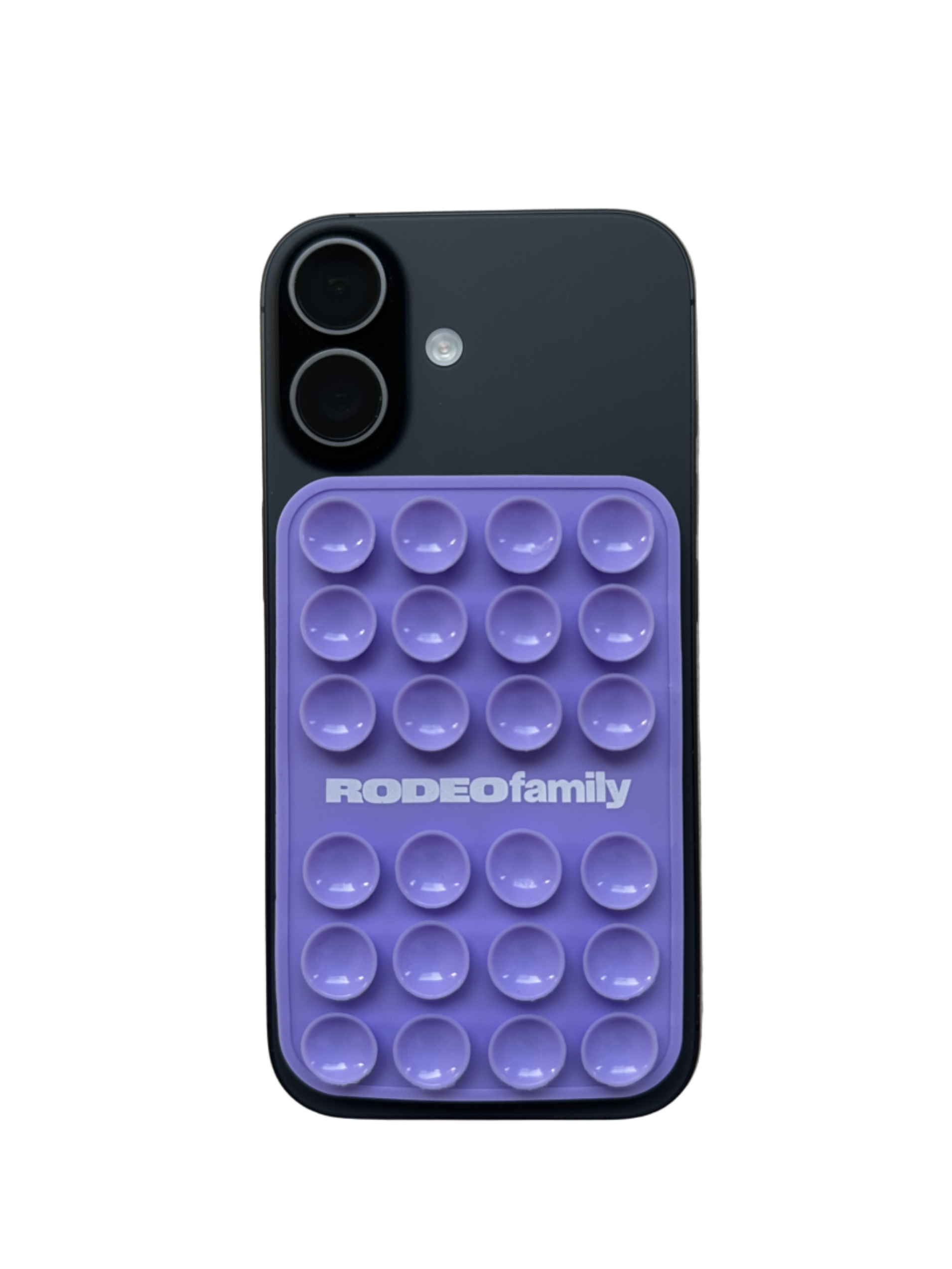 Phone case with bubble design and 'RODEOfamily' branding on a light gray background