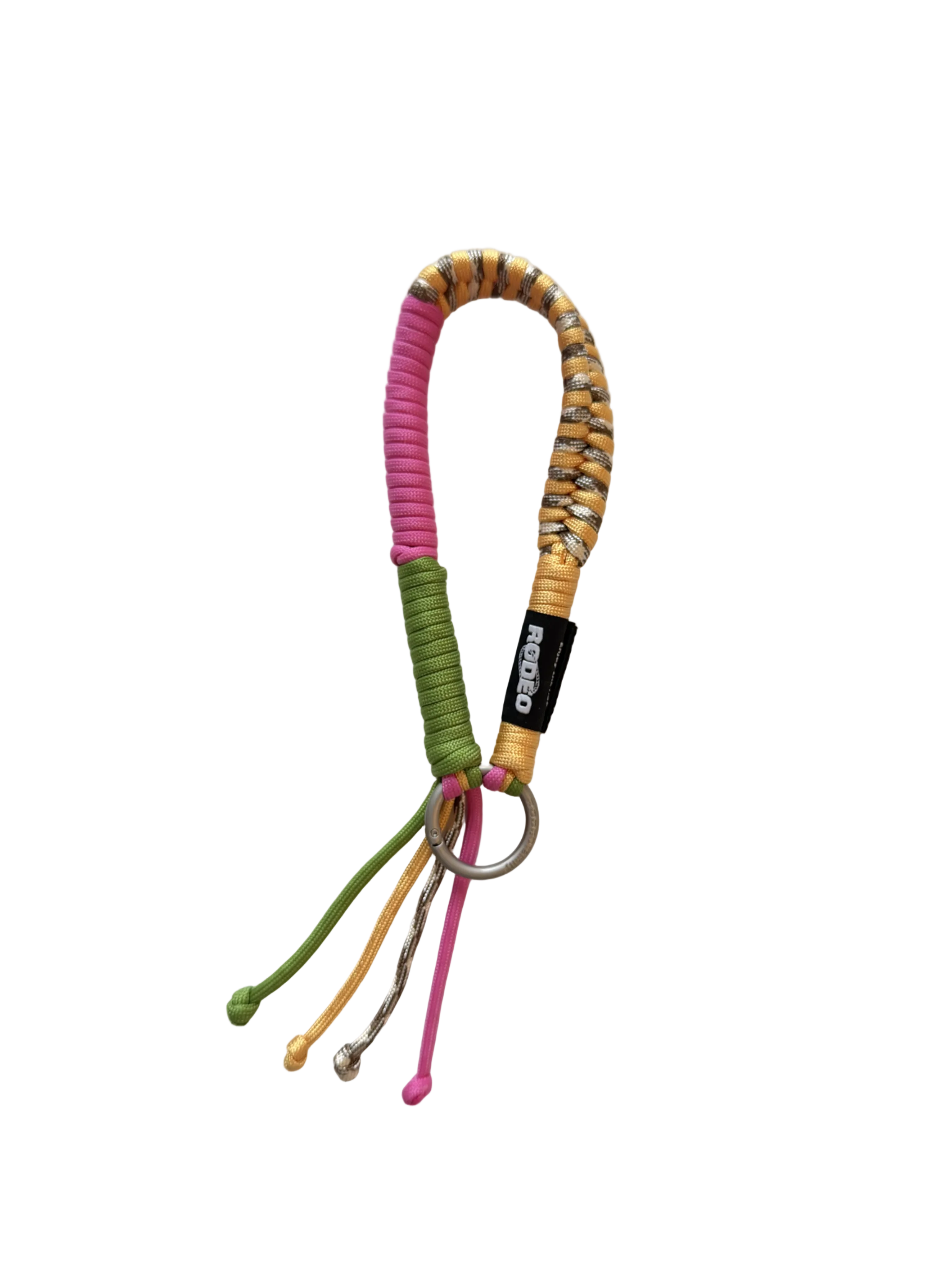 A multi-colored paracord keychain or bag strap with yellow and black woven detailing, a pink coiled section, a green cord section, and a silver metal key ring, shown on a plain white background.